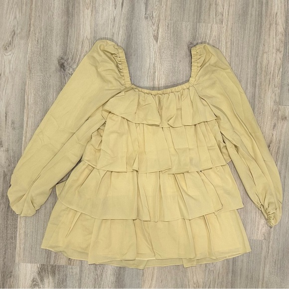 NWT WeWoreWhat Long Sleeve Tiered Mini Dress Crinkle Chiffon Wheat Beige Size S - Picture 8 of 10